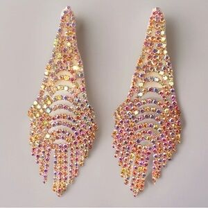Gold Tone Aurora Borealis Crystal Cascading Chandelier Statement Earrings | 4”